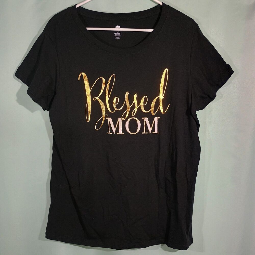 Blessed Mom Graphic T Shirt Black Short Sleeve Gold Lettering Tee